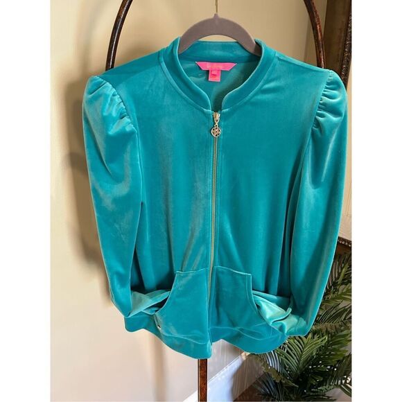 LILLY PULITZER Teal Velour Zip Up Jacket S - Picture 4 of 10